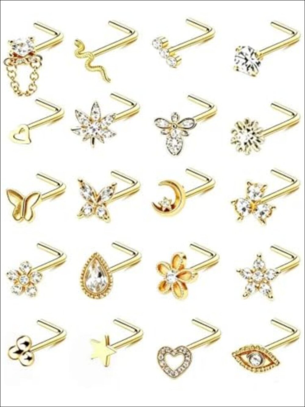 20Pc L Shaped Nose Studs 316L Surgical Stainless Steel Cubic Zirconia Piercing
